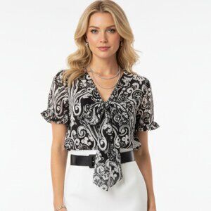 100% Silk Black & White Print Button Tie Top from White House Black Market M